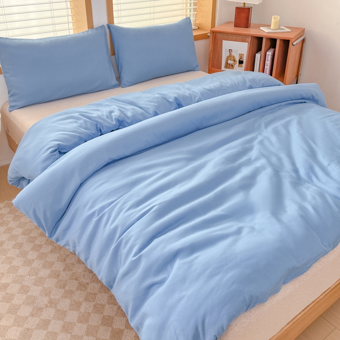 91家纺网 家纺一手货源 找家纺 莎臣豹 2026新款水洗棉磨毛原棉纯色印花简约风四件套风格二 天空蓝