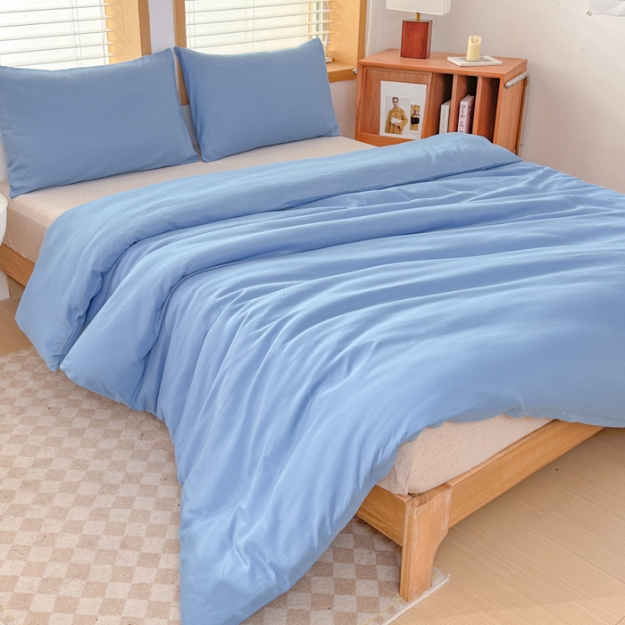 91家纺网 家纺一手货源 找家纺 莎臣豹 2026新款水洗棉磨毛原棉纯色印花简约风四件套风格二 天空蓝