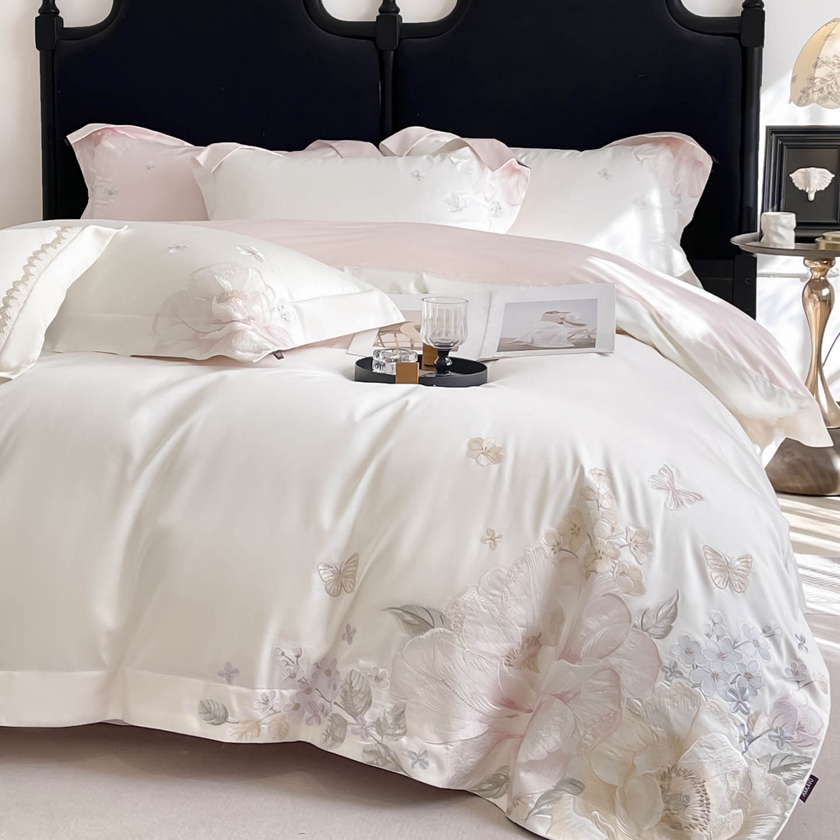 91家纺网 家纺一手货源 找家纺 （总）2026新品A类100支贡缎长绒棉纯棉四件套全棉重工刺绣全工艺被套床单床笠高端轻奢风床上用品-朵卿