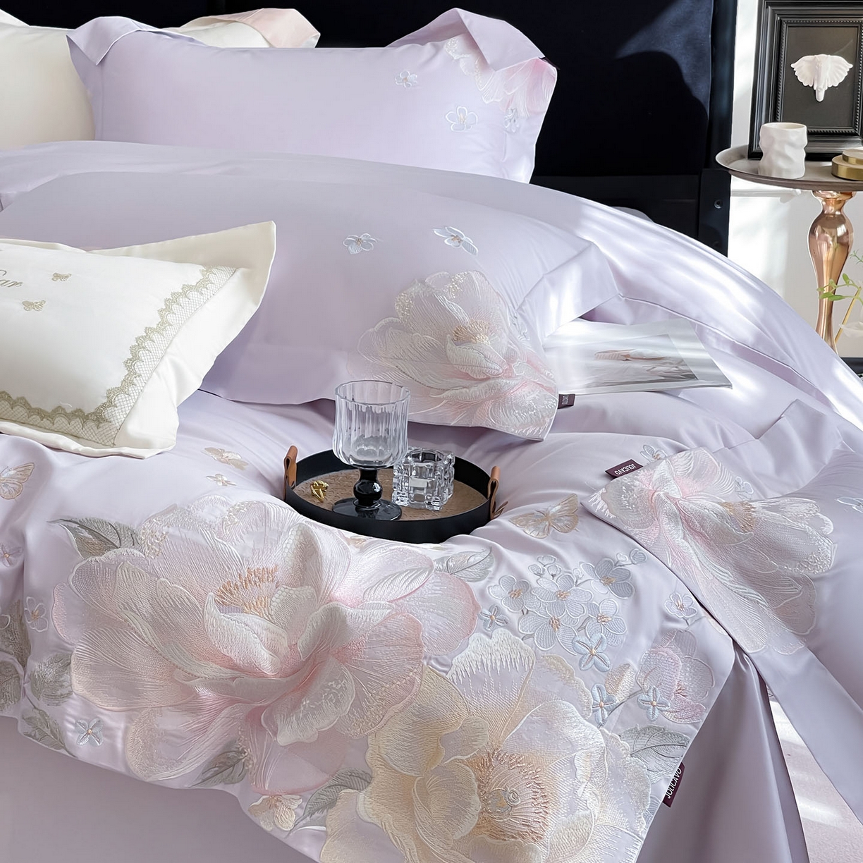 91家纺网 家纺一手货源 找家纺 （总）2026新品A类100支贡缎长绒棉纯棉四件套全棉重工刺绣全工艺被套床单床笠高端轻奢风床上用品-朵卿