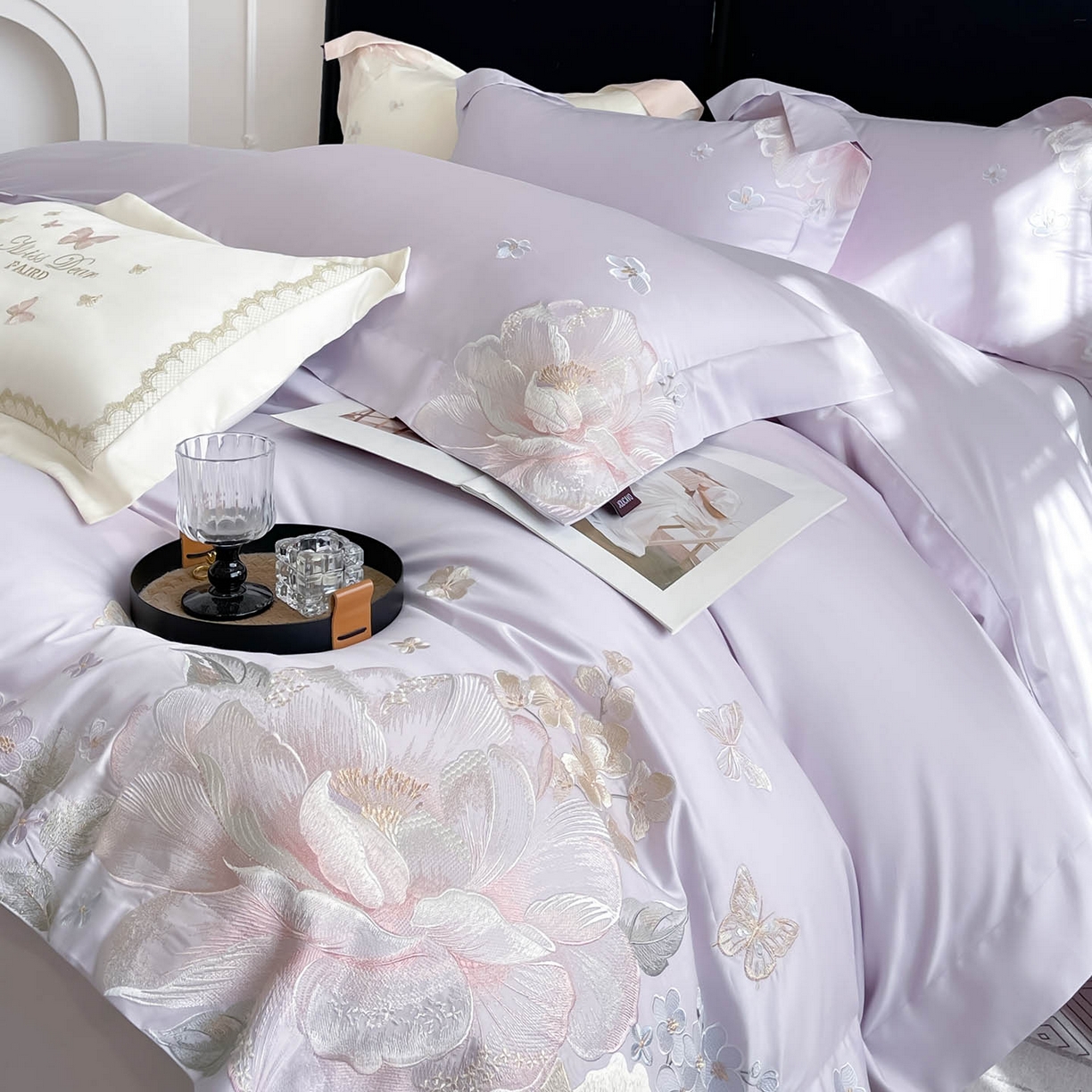 91家纺网 家纺一手货源 找家纺 2026新品A类100支贡缎长绒棉纯棉四件套全棉重工刺绣全工艺被套床单床笠高端轻奢风床上用品-朵卿 朵卿-黛紫