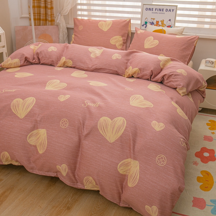 91家纺网 家纺一手货源 找家纺 莎臣豹 2026新款水洗棉磨毛原棉纯色印花简约风四件套风格二 甜蜜的心