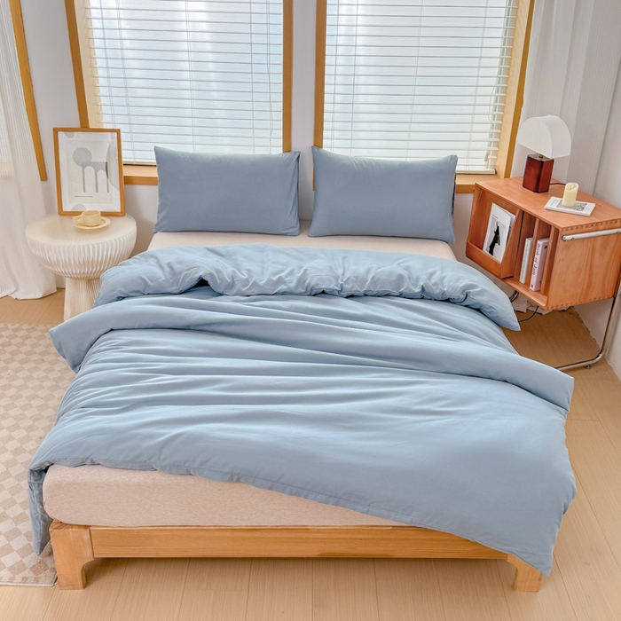 莎臣豹 2026新款水洗棉磨毛原棉纯色印花简约风四件套风格二 雾霾蓝