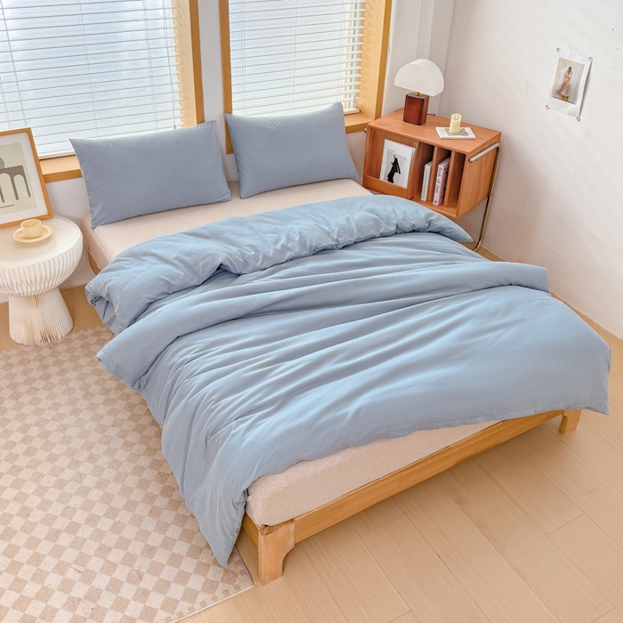 91家纺网 家纺一手货源 找家纺 莎臣豹 2026新款水洗棉磨毛原棉纯色印花简约风四件套风格二 雾霾蓝