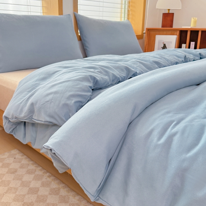 91家纺网 家纺一手货源 找家纺 莎臣豹 2026新款水洗棉磨毛原棉纯色印花简约风四件套风格二 雾霾蓝