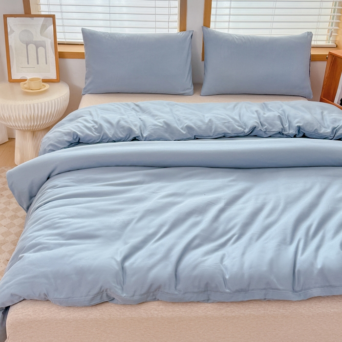 91家纺网 家纺一手货源 找家纺 莎臣豹 2026新款水洗棉磨毛原棉纯色印花简约风四件套风格二 雾霾蓝