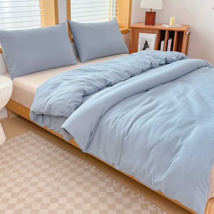 91家纺网 家纺一手货源 找家纺 莎臣豹 2026新款水洗棉磨毛原棉纯色印花简约风四件套风格二 雾霾蓝