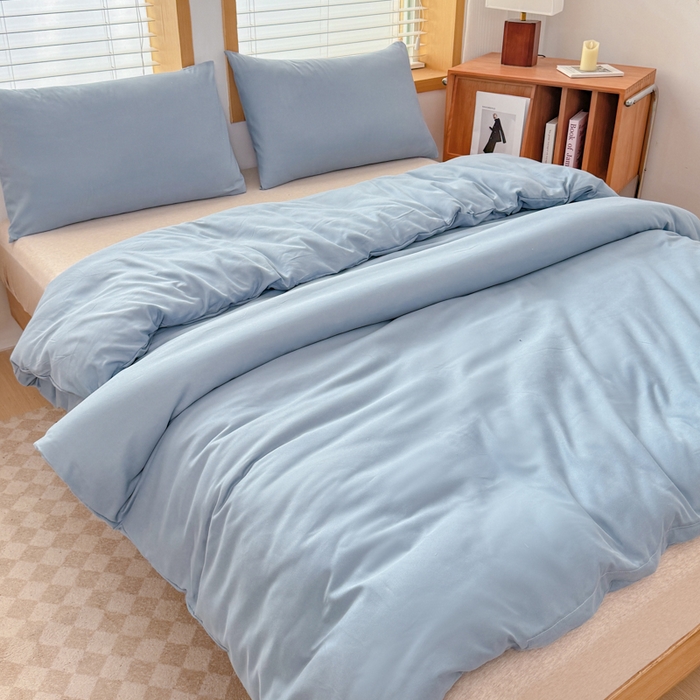 91家纺网 家纺一手货源 找家纺 莎臣豹 2026新款水洗棉磨毛原棉纯色印花简约风四件套风格二 雾霾蓝