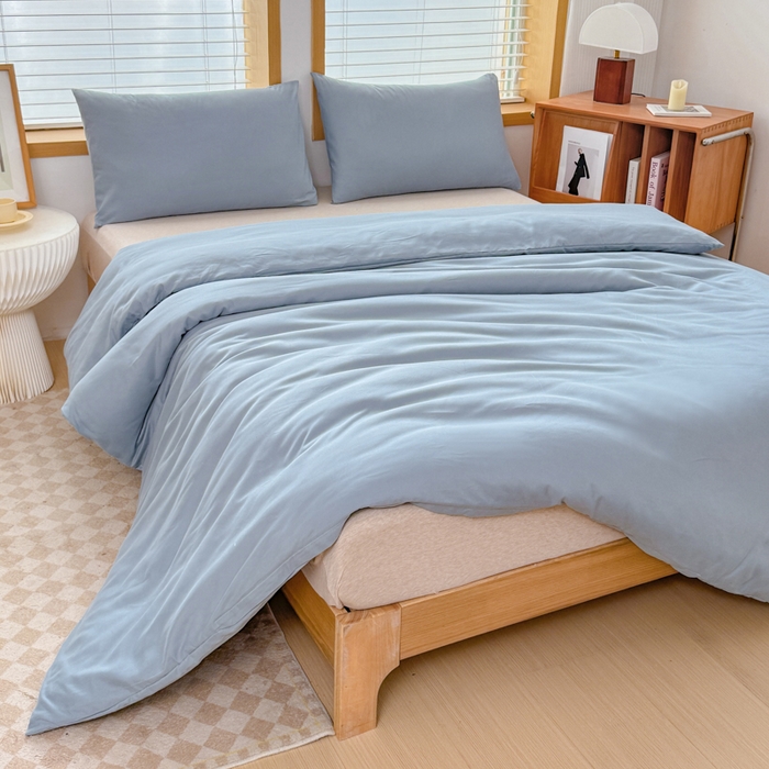 91家纺网 家纺一手货源 找家纺 莎臣豹 2026新款水洗棉磨毛原棉纯色印花简约风四件套风格二 雾霾蓝