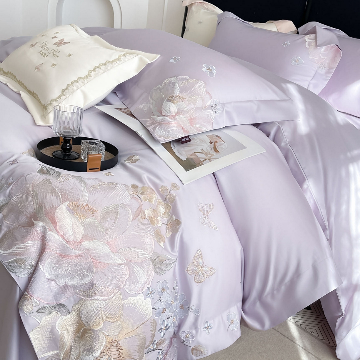 91家纺网 家纺一手货源 找家纺 2025新款高端A类贡缎提花长绒棉四件套纯棉全棉拼接被套纯色被套热款床上用品-南翎 南翎-芸粉