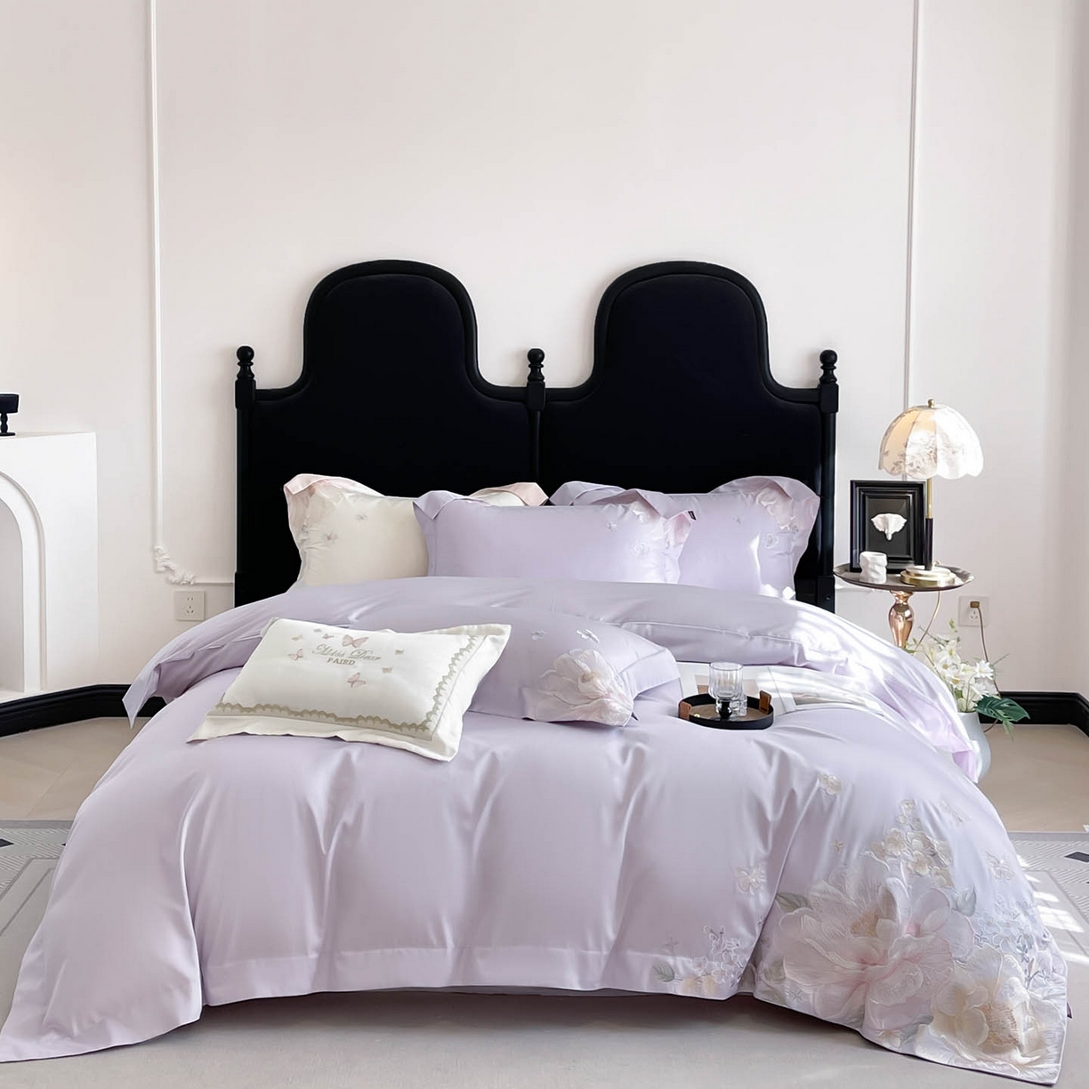 91家纺网 家纺一手货源 找家纺  2026新品A类100支贡缎长绒棉纯棉四件套全棉重工刺绣全工艺被套床单床笠高端轻奢风床上用品-朵卿 朵卿-黛紫