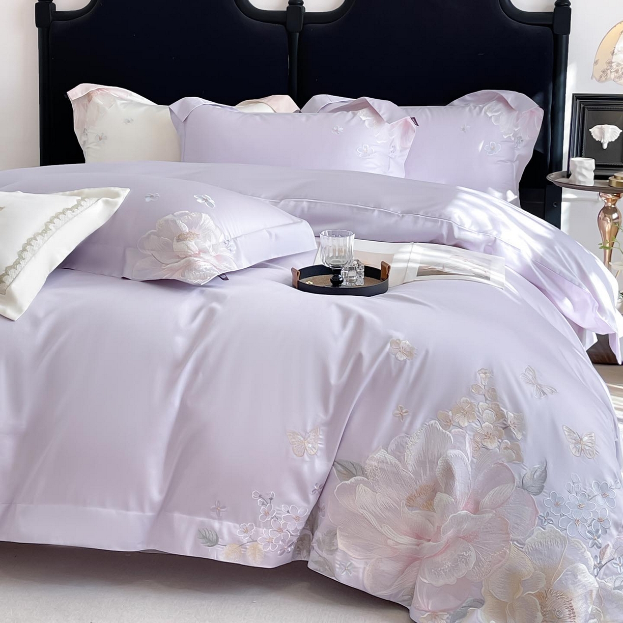 91家纺网 家纺一手货源 找家纺  2026新品A类100支贡缎长绒棉纯棉四件套全棉重工刺绣全工艺被套床单床笠高端轻奢风床上用品-朵卿 朵卿-黛紫