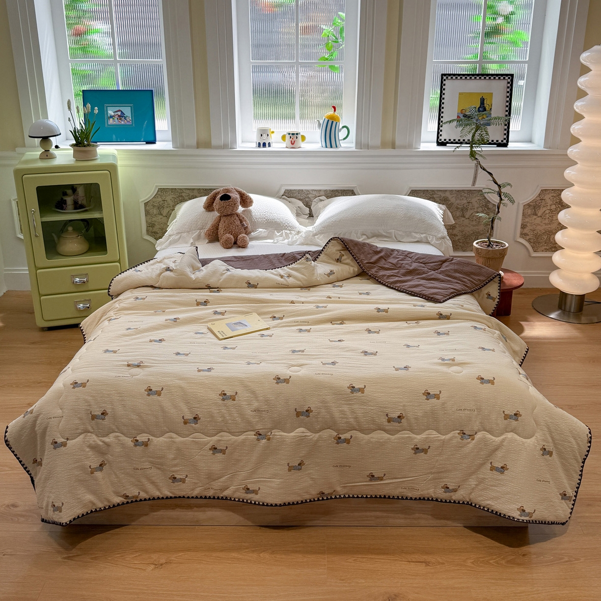 91家纺网 家纺一手货源 找家纺 赛琳 2026新款云感双层纱贝壳绣夏被夏凉被空调被（有买家秀） 俏皮狗