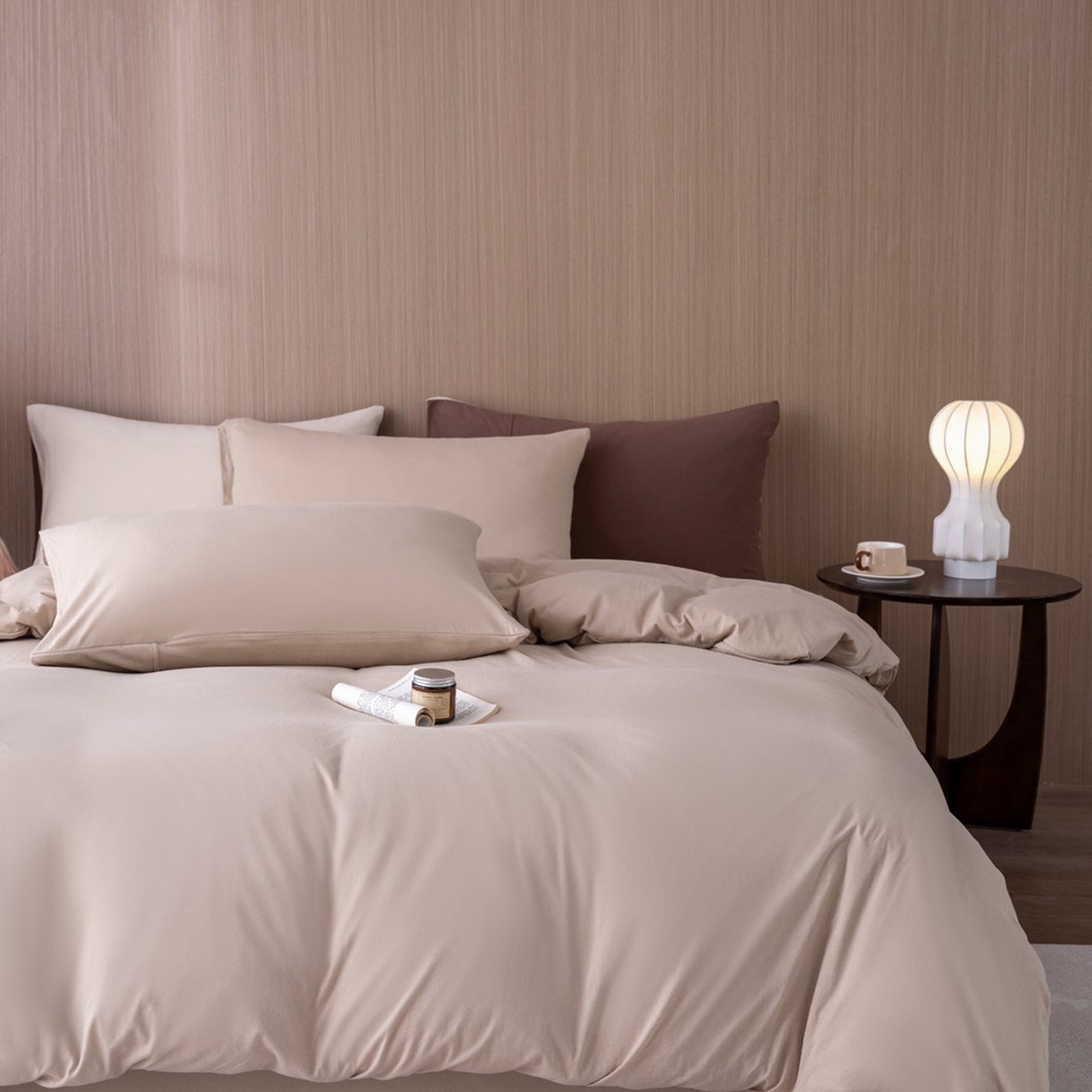 梦可莱家居 2026春夏新品全棉针织棉纯色双拼简约百搭时尚系列四件套 奶茶