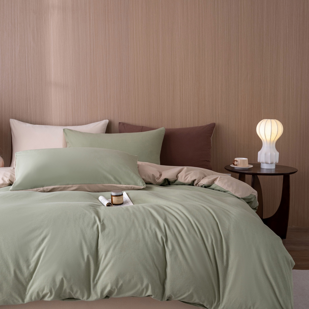 梦可莱家居 2026春夏新品全棉针织棉纯色双拼简约百搭时尚系列四件套 双拼-豆绿