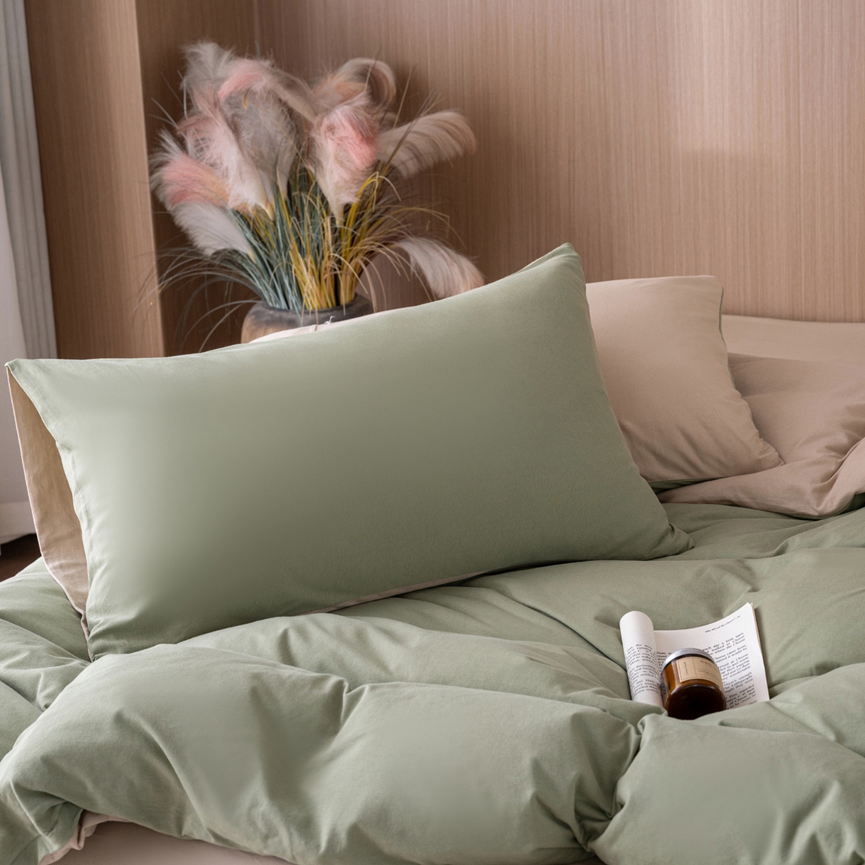 91家纺网 家纺一手货源 找家纺 梦可莱家居 2026春夏新品全棉针织棉纯色双拼简约百搭时尚系列四件套 双拼-豆绿