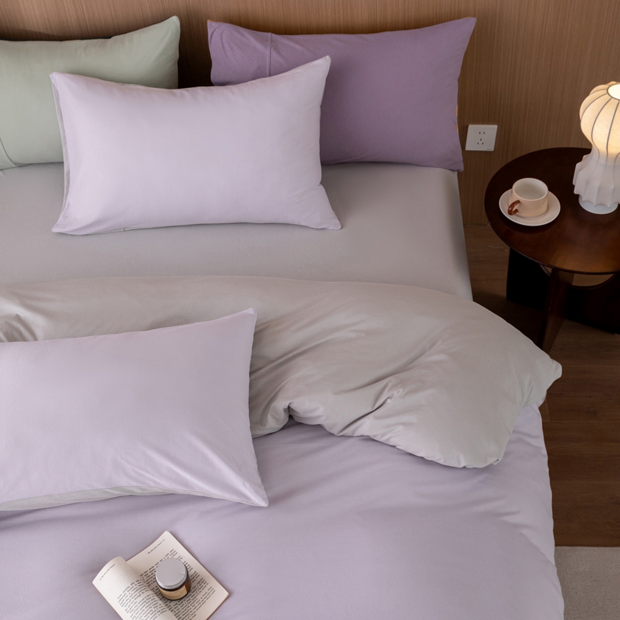 91家纺网 家纺一手货源 找家纺 梦可莱家居 2026春夏新品全棉针织棉纯色双拼简约百搭时尚系列四件套 双拼-香芋