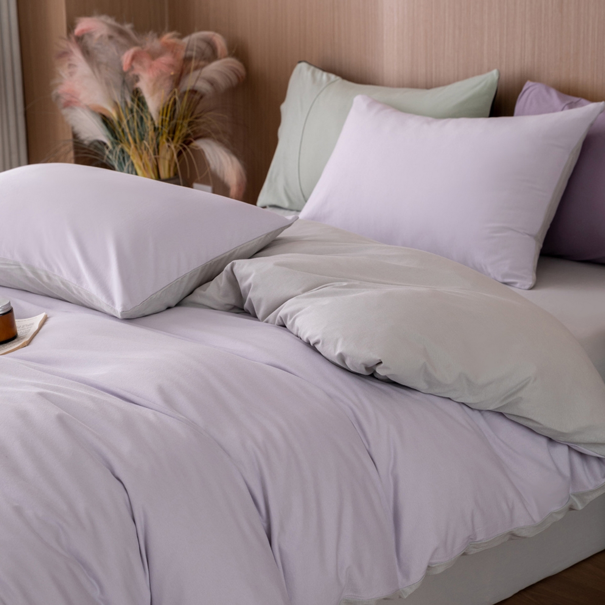 91家纺网 家纺一手货源 找家纺 梦可莱家居 2026春夏新品全棉针织棉纯色双拼简约百搭时尚系列四件套 双拼-香芋