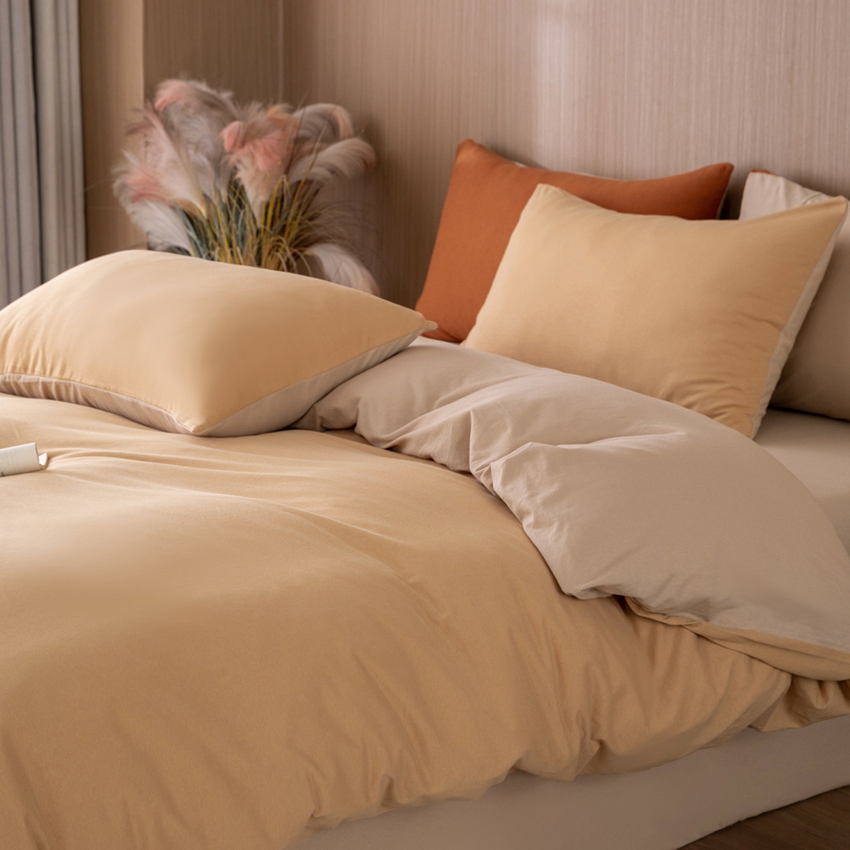 91家纺网 家纺一手货源 找家纺 梦可莱家居 2026春夏新品全棉针织棉纯色双拼简约百搭时尚系列四件套 双拼-奶卡