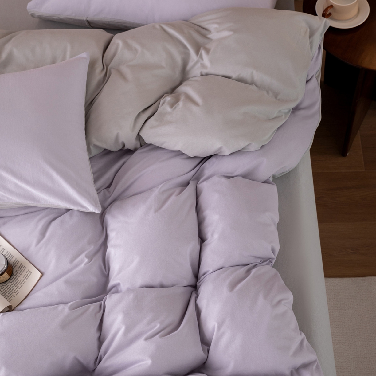 91家纺网 家纺一手货源 找家纺 梦可莱家居 2026春夏新品全棉针织棉纯色双拼简约百搭时尚系列四件套 双拼-香芋