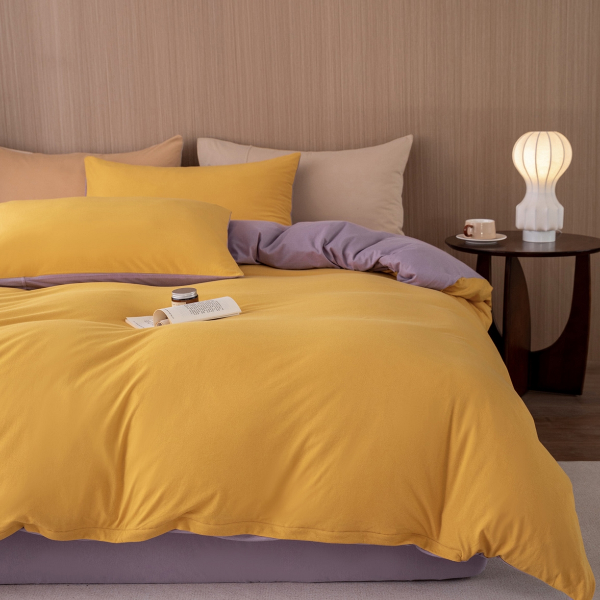 梦可莱家居 2026春夏新品全棉针织棉纯色双拼简约百搭时尚系列四件套 双拼-黄紫