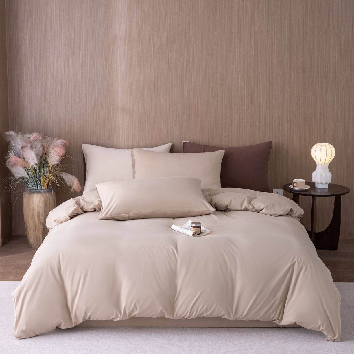 91家纺网 家纺一手货源 找家纺 梦可莱家居 2026春夏新品全棉针织棉纯色双拼简约百搭时尚系列四件套 奶茶