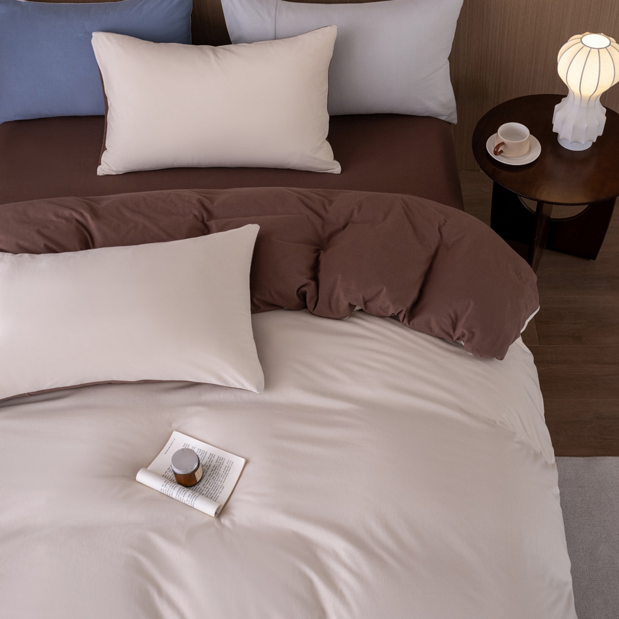 91家纺网 家纺一手货源 找家纺 梦可莱家居 2026春夏新品全棉针织棉纯色双拼简约百搭时尚系列四件套 双拼-米咖