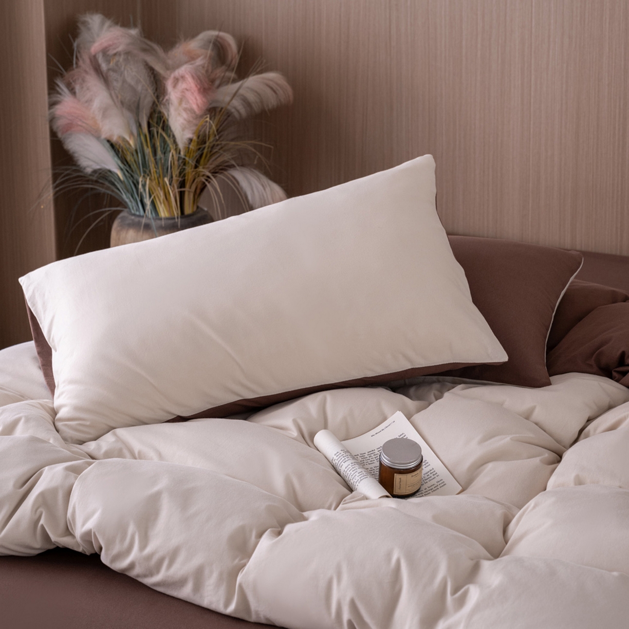 91家纺网 家纺一手货源 找家纺 梦可莱家居 2026春夏新品全棉针织棉纯色双拼简约百搭时尚系列四件套 双拼-米咖