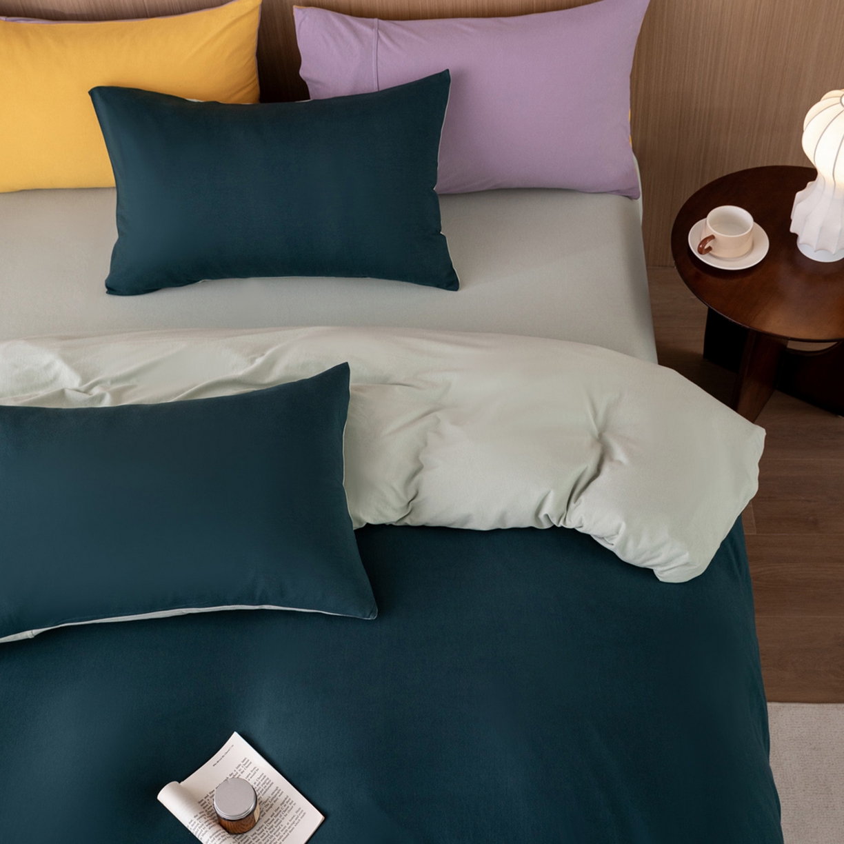 91家纺网 家纺一手货源 找家纺 梦可莱家居 2026春夏新品全棉针织棉纯色双拼简约百搭时尚系列四件套 双拼-森林绿