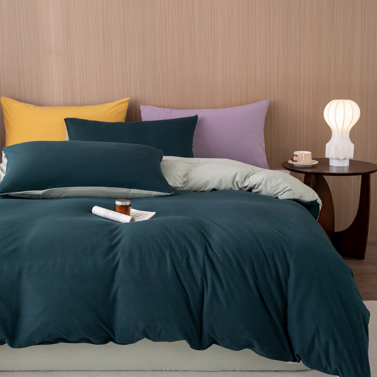 梦可莱家居 2026春夏新品全棉针织棉纯色双拼简约百搭时尚系列四件套 双拼-森林绿