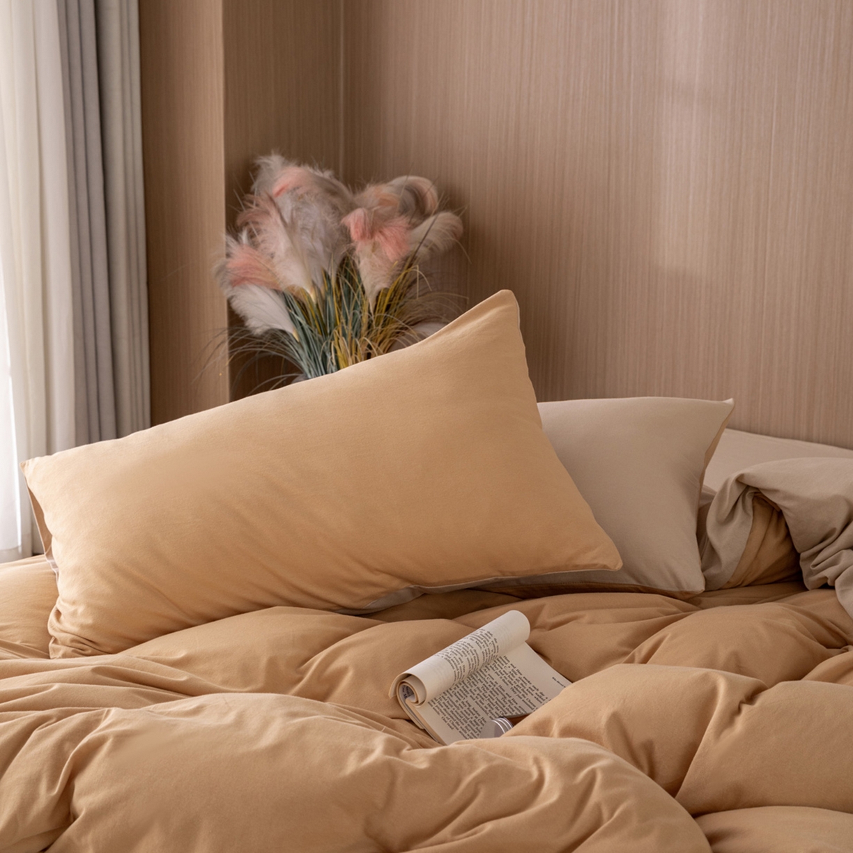 91家纺网 家纺一手货源 找家纺 梦可莱家居 2026春夏新品全棉针织棉纯色双拼简约百搭时尚系列四件套 双拼-奶卡