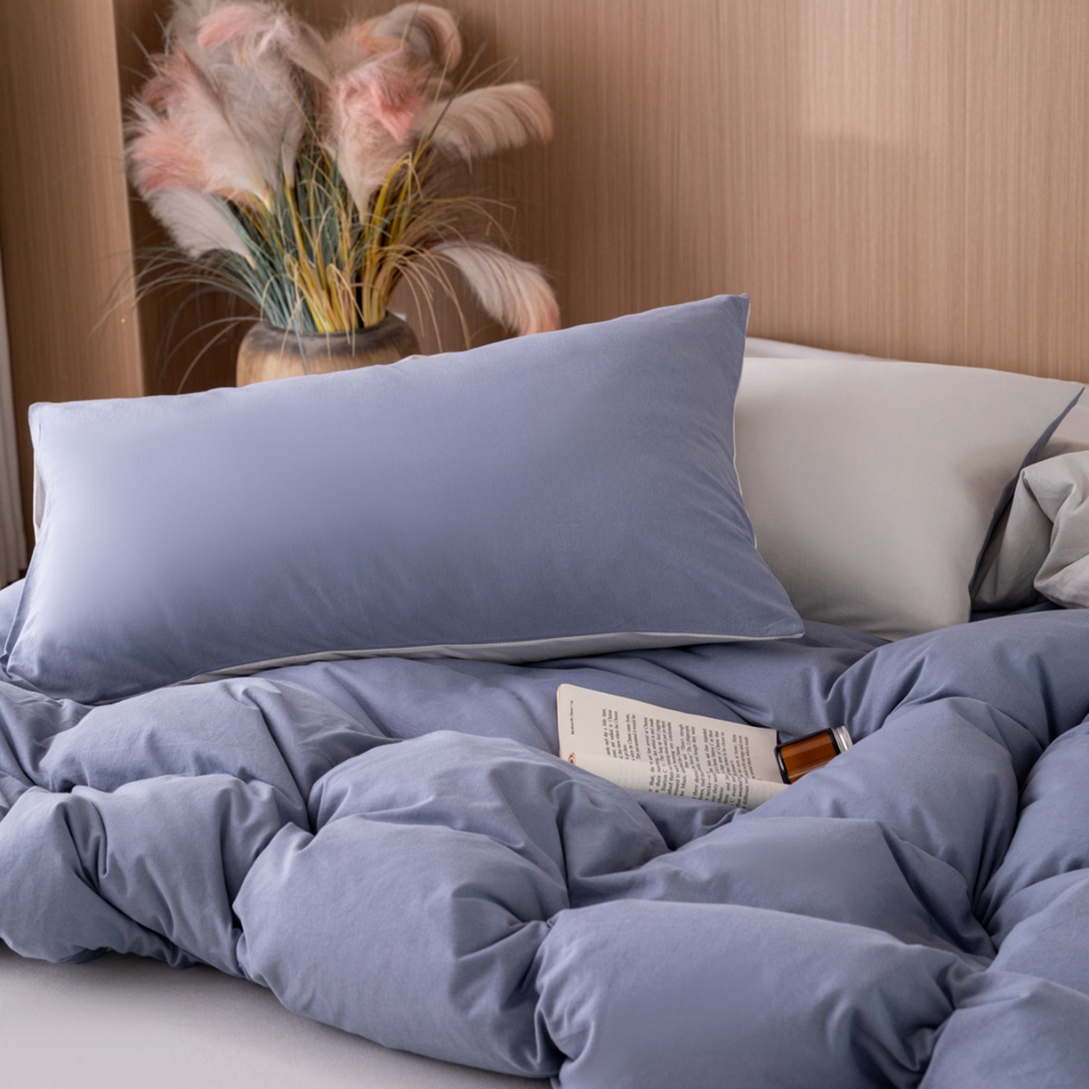 91家纺网 家纺一手货源 找家纺 梦可莱家居 2026春夏新品全棉针织棉纯色双拼简约百搭时尚系列四件套 双拼-蓝灰