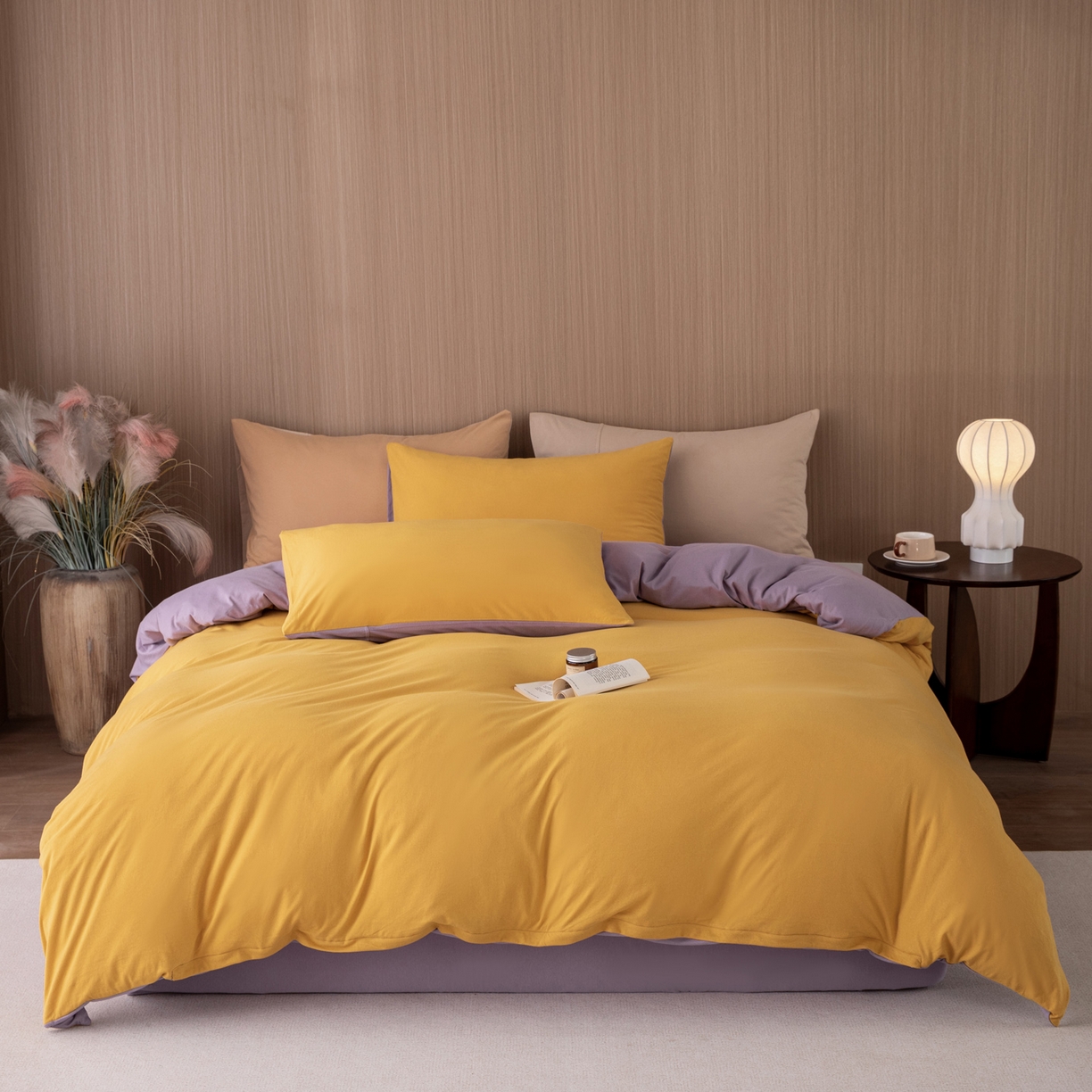 91家纺网 家纺一手货源 找家纺 梦可莱家居 2026春夏新品全棉针织棉纯色双拼简约百搭时尚系列四件套 双拼-黄紫