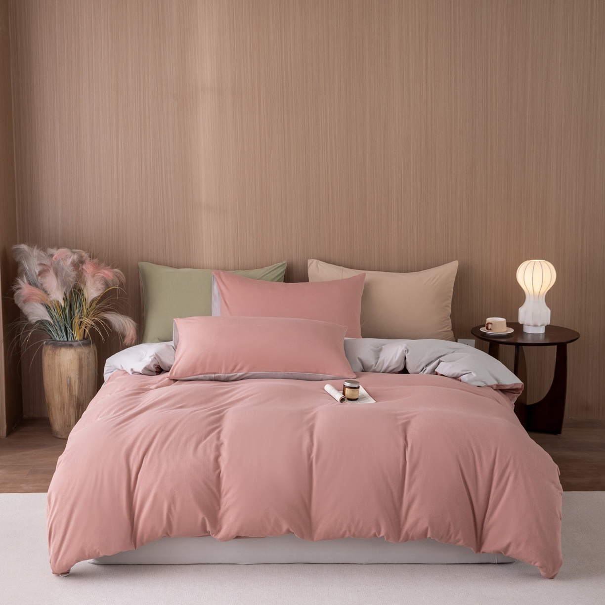 91家纺网 家纺一手货源 找家纺 梦可莱家居 2026春夏新品全棉针织棉纯色双拼简约百搭时尚系列四件套 双拼-豆沙