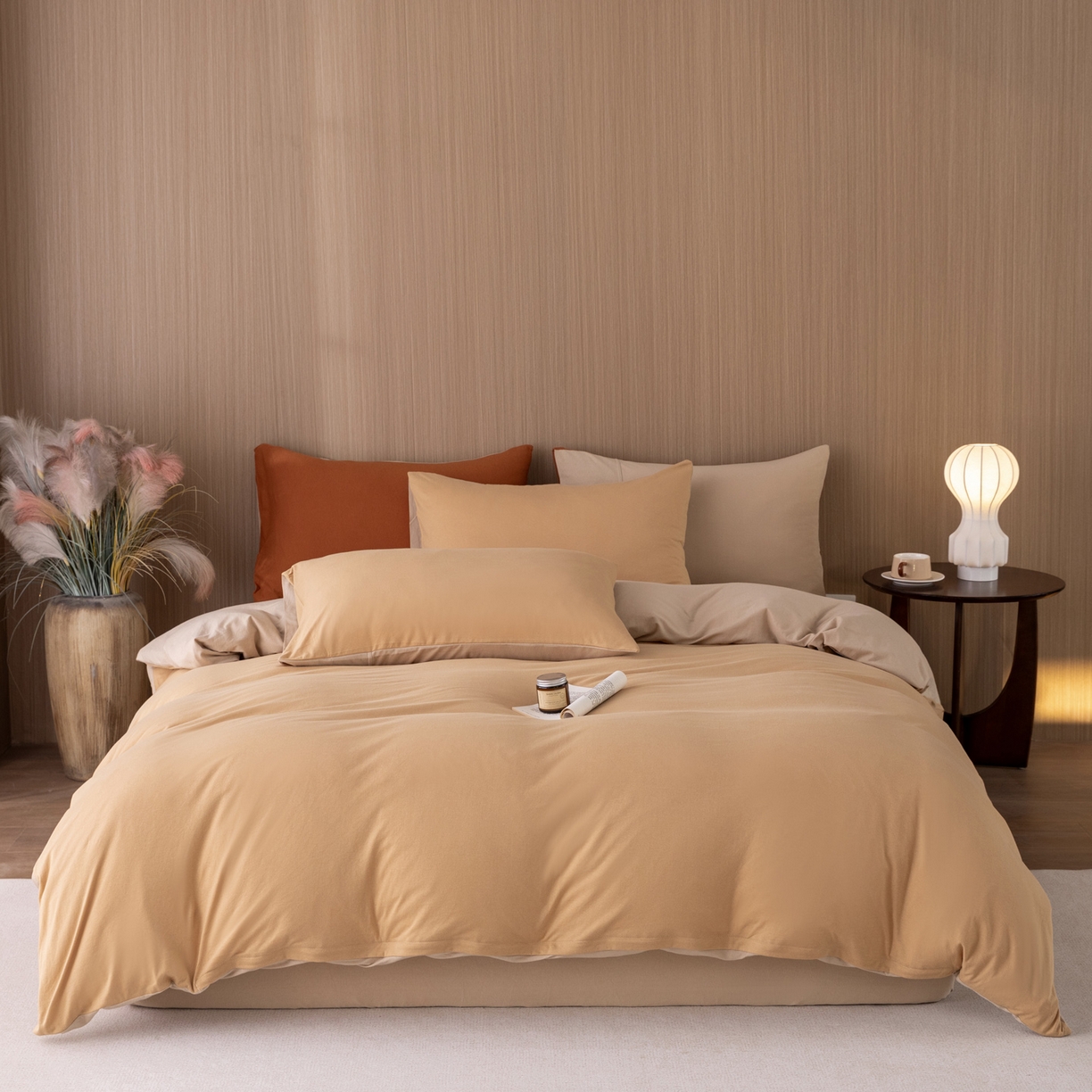 91家纺网 家纺一手货源 找家纺 梦可莱家居 2026春夏新品全棉针织棉纯色双拼简约百搭时尚系列四件套 双拼-奶卡