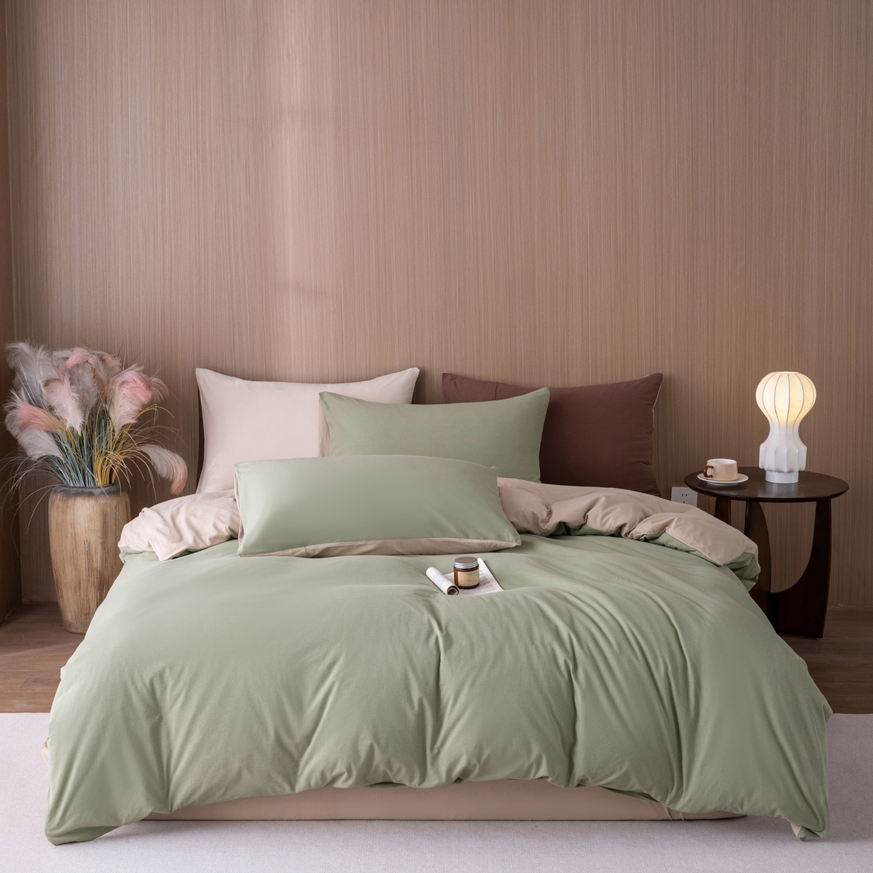 91家纺网 家纺一手货源 找家纺 梦可莱家居 2026春夏新品全棉针织棉纯色双拼简约百搭时尚系列四件套 双拼-豆绿