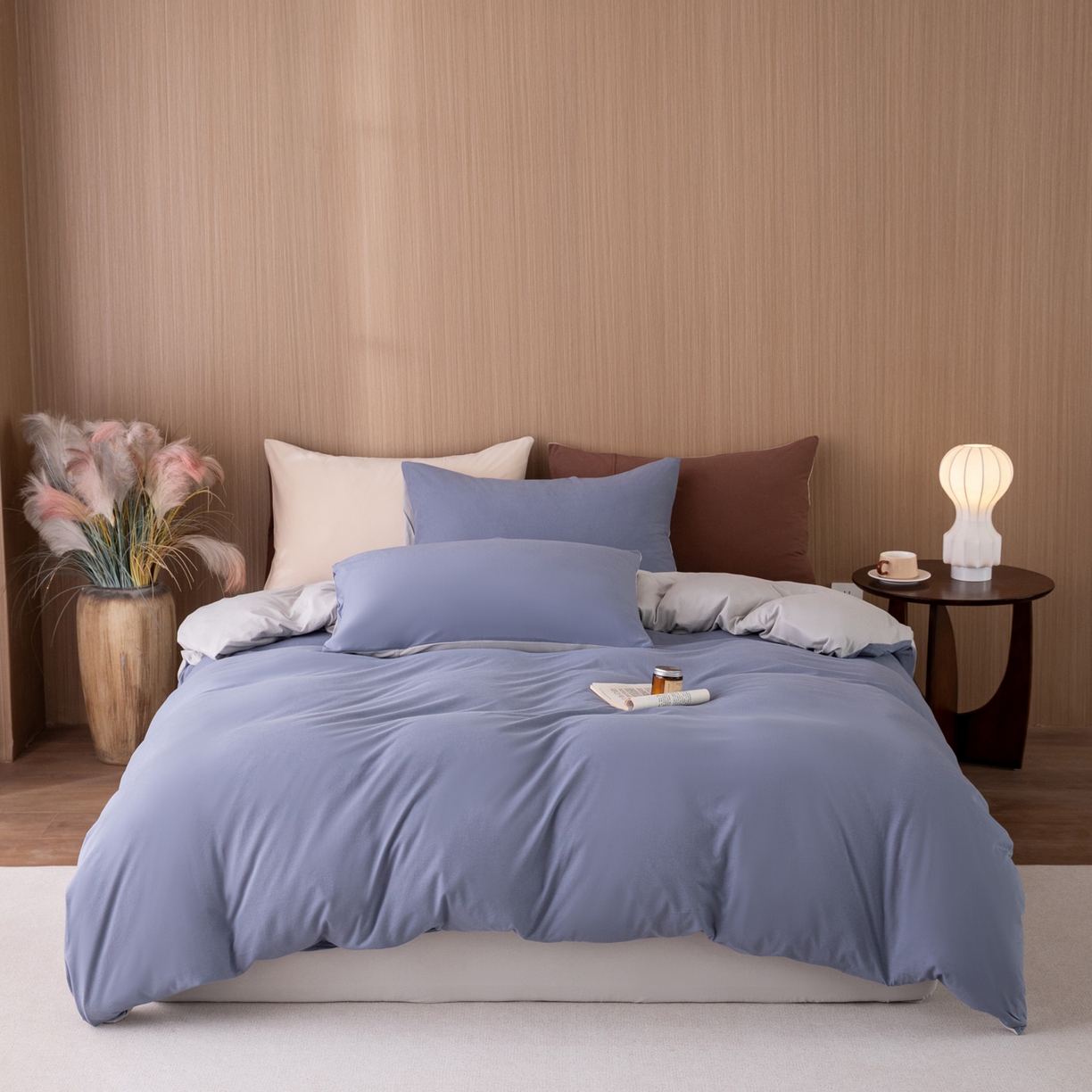 91家纺网 家纺一手货源 找家纺 梦可莱家居 2026春夏新品全棉针织棉纯色双拼简约百搭时尚系列四件套 双拼-蓝灰