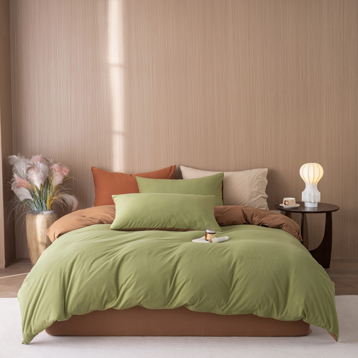 91家纺网 家纺一手货源 找家纺 梦可莱家居 2026春夏新品全棉针织棉纯色双拼简约百搭时尚系列四件套 双拼-绿棕