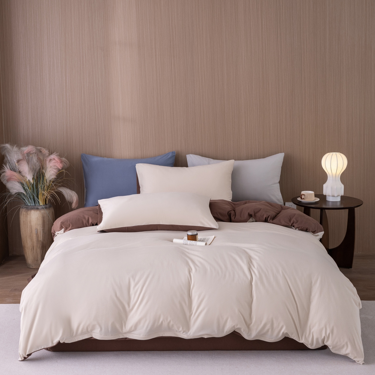 91家纺网 家纺一手货源 找家纺 梦可莱家居 2026春夏新品全棉针织棉纯色双拼简约百搭时尚系列四件套 双拼-米咖