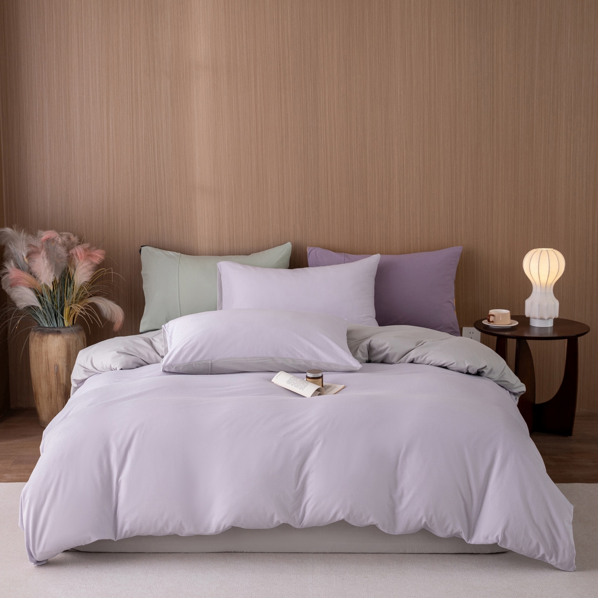 91家纺网 家纺一手货源 找家纺 梦可莱家居 2026春夏新品全棉针织棉纯色双拼简约百搭时尚系列四件套 双拼-香芋