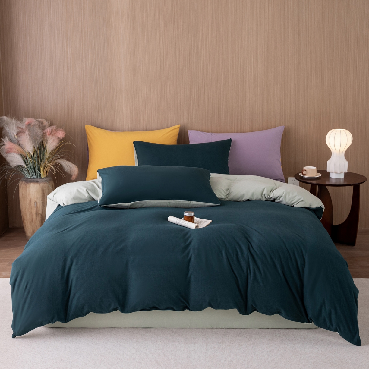 91家纺网 家纺一手货源 找家纺 梦可莱家居 2026春夏新品全棉针织棉纯色双拼简约百搭时尚系列四件套 双拼-森林绿