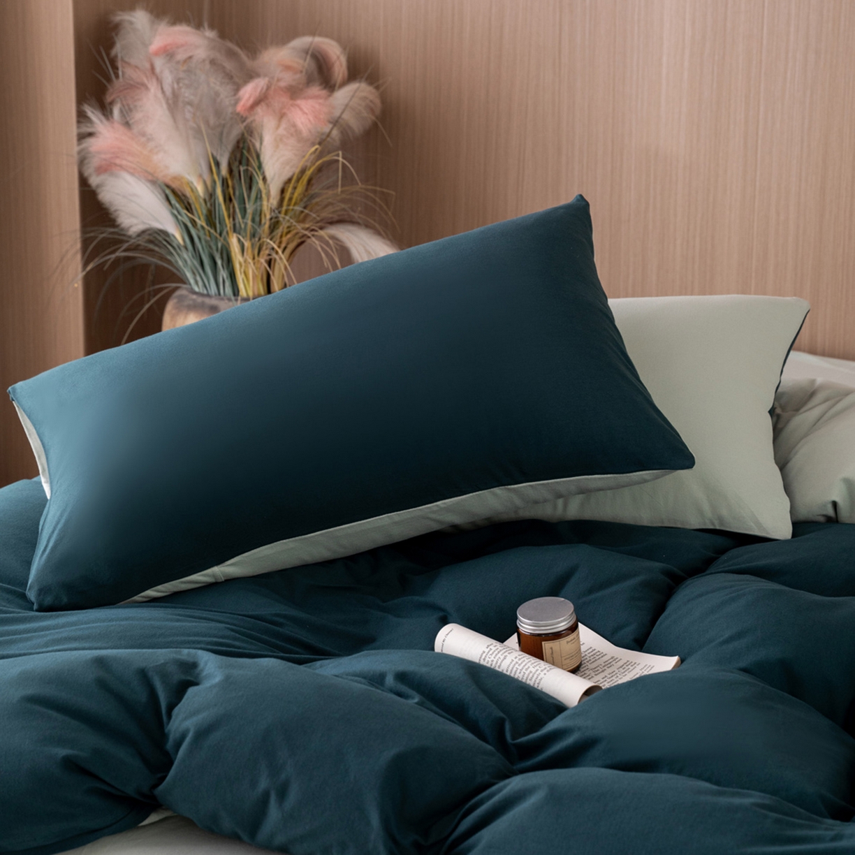 91家纺网 家纺一手货源 找家纺 梦可莱家居 2026春夏新品全棉针织棉纯色双拼简约百搭时尚系列四件套 双拼-森林绿