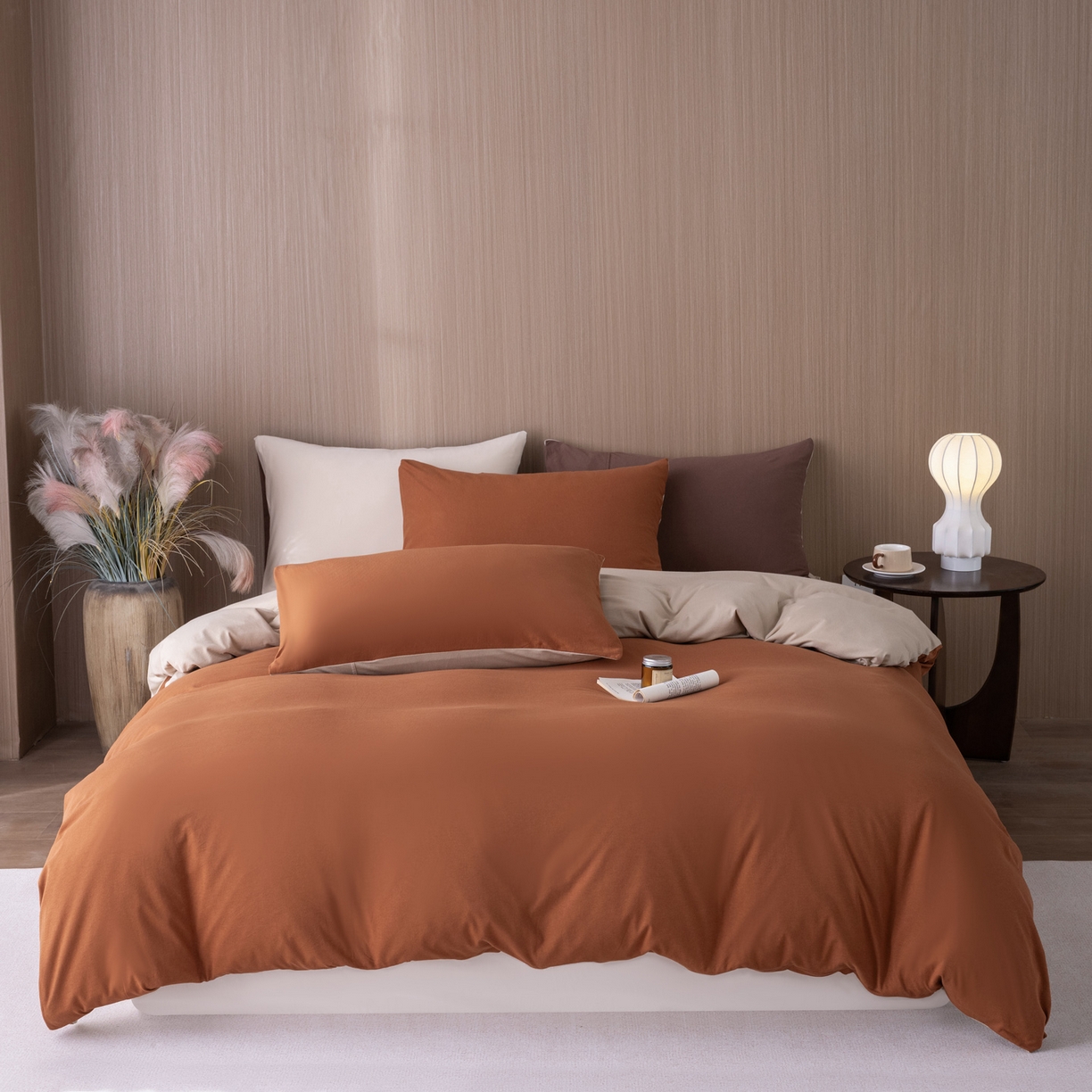 91家纺网 家纺一手货源 找家纺 梦可莱家居 2026春夏新品全棉针织棉纯色双拼简约百搭时尚系列四件套 双拼-焦糖