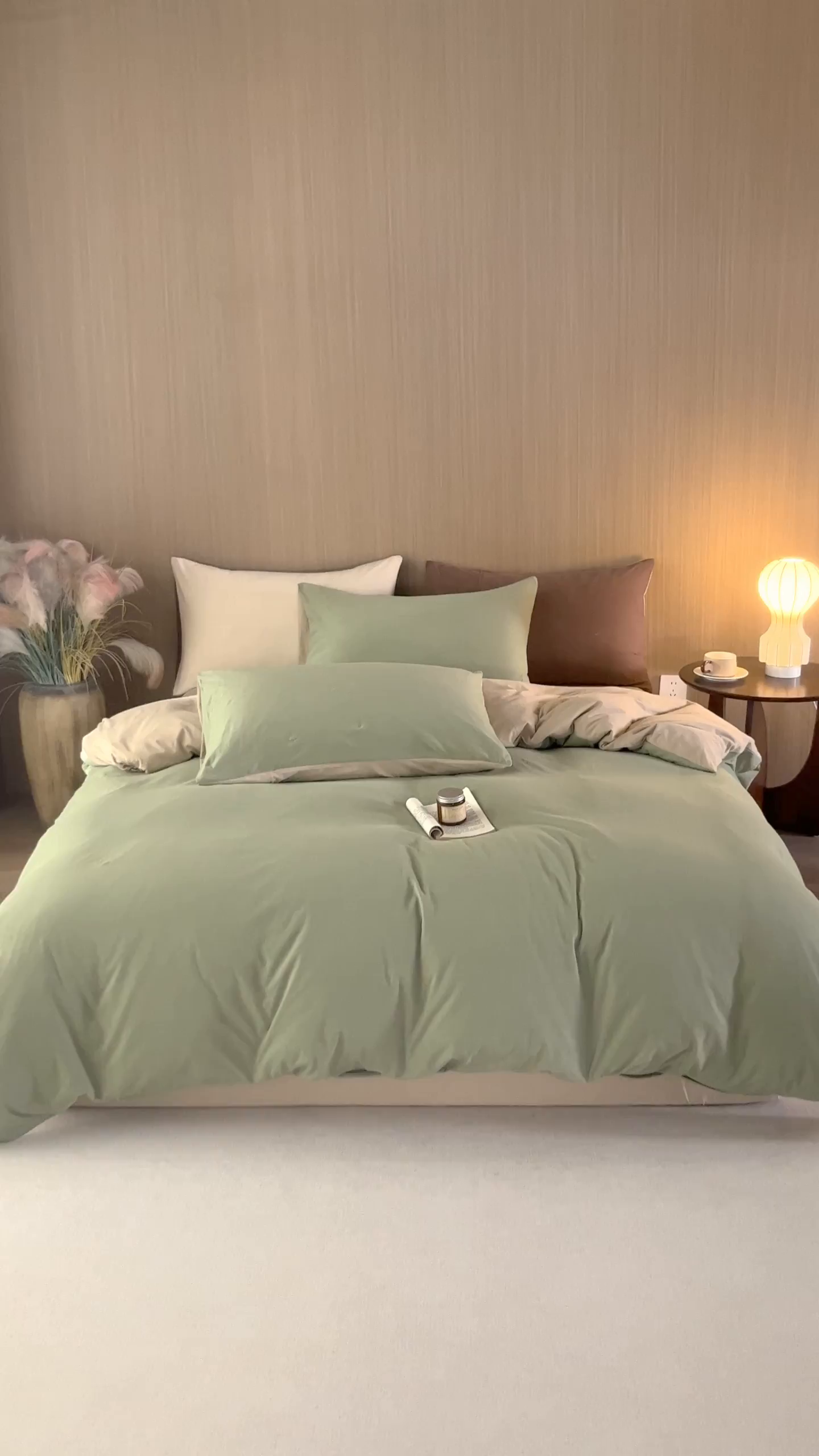 91家纺网 家纺一手货源 找家纺 梦可莱家居 2026春夏新品全棉针织棉纯色双拼简约百搭时尚系列四件套 双拼-豆绿