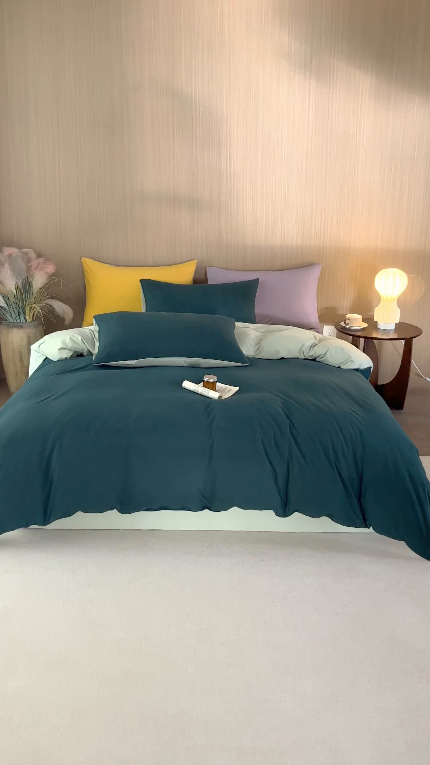 91家纺网 家纺一手货源 找家纺 梦可莱家居 2026春夏新品全棉针织棉纯色双拼简约百搭时尚系列四件套 双拼-森林绿