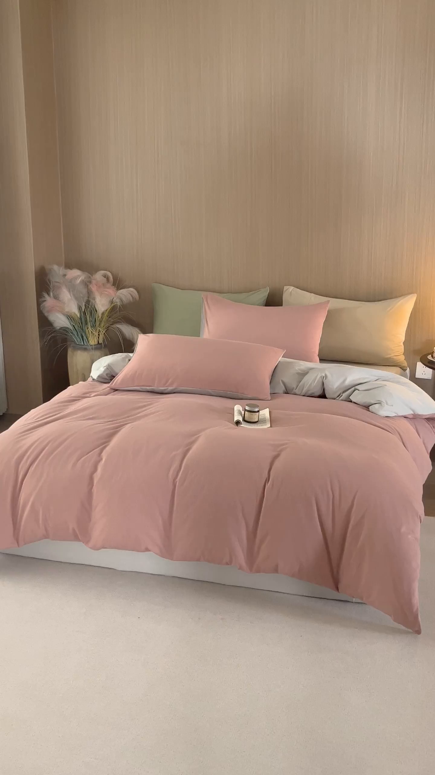 91家纺网 家纺一手货源 找家纺 梦可莱家居 2026春夏新品全棉针织棉纯色双拼简约百搭时尚系列四件套 双拼-豆沙