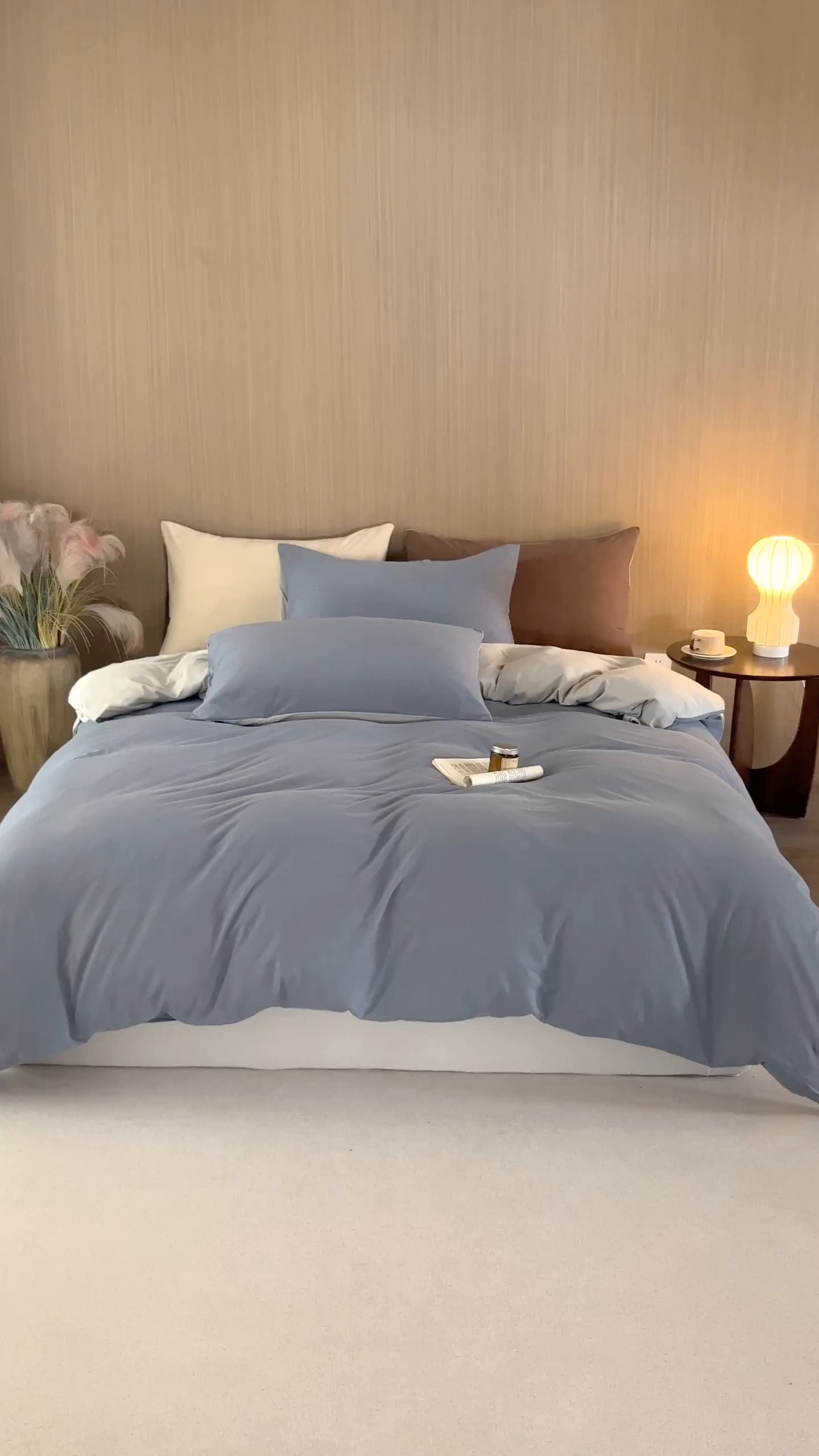 91家纺网 家纺一手货源 找家纺 梦可莱家居 2026春夏新品全棉针织棉纯色双拼简约百搭时尚系列四件套 双拼-蓝灰