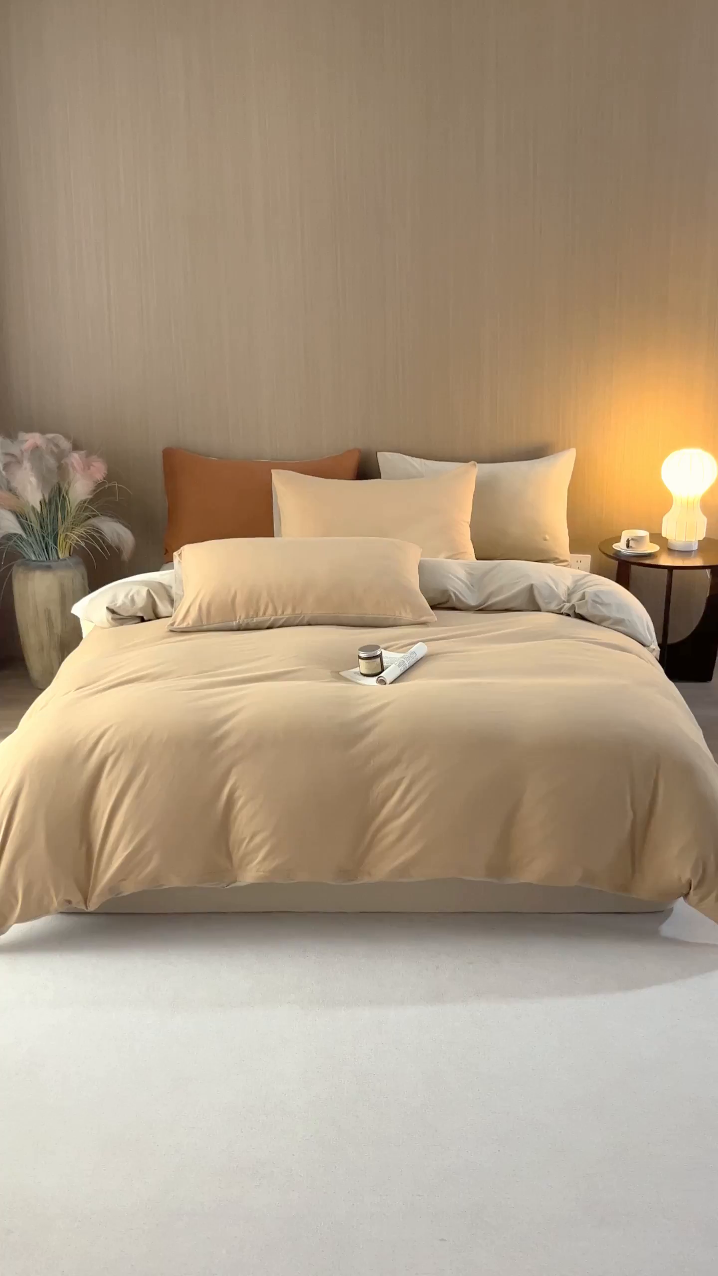 91家纺网 家纺一手货源 找家纺 梦可莱家居 2026春夏新品全棉针织棉纯色双拼简约百搭时尚系列四件套 双拼-奶卡