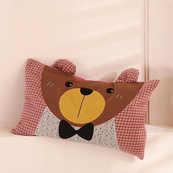 蔻眠 萌熊-全棉刺绣卡通荞麦护颈枕头儿童学生荞麦枕芯 萌熊-红格