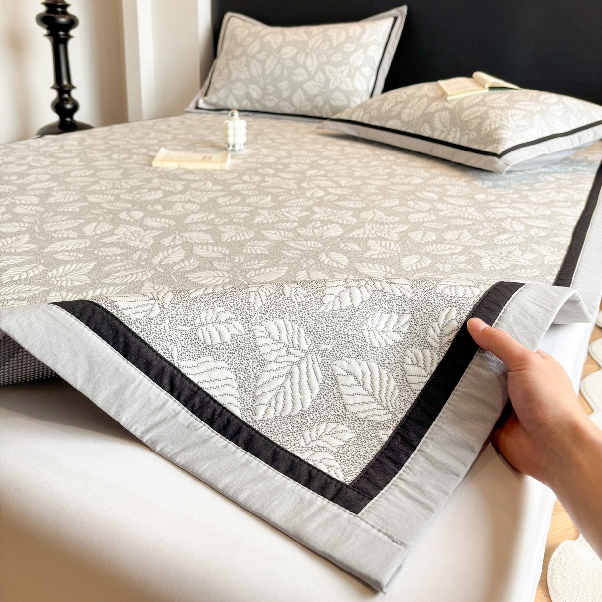 雅居纺家纺 2026新款A类加厚三明治底黑边PE凉感席 叶韵-灰